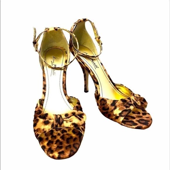 Leopard cheetah print sandal heels shoes NEW satin brown gold tan black 7.5 NIB - Picture 1 of 13